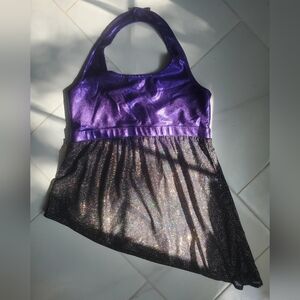 Purple Sparkle Halter Sports Bra Top Glitter Black Mesh Curtain CC Dancewear